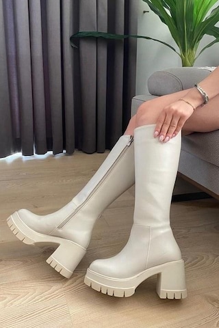 Asmi Shoes Kadın Fenni Krem Cilt 8 Cm Topuklu Yandan Fermuarlı Çizme Krem Krem