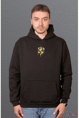 Bumeta Rubik Zeka Küpü Renkli Kombinasyon Akışkan Baskılı Sweatshirt Unisex Kapüşonlu Hoodie Siyah