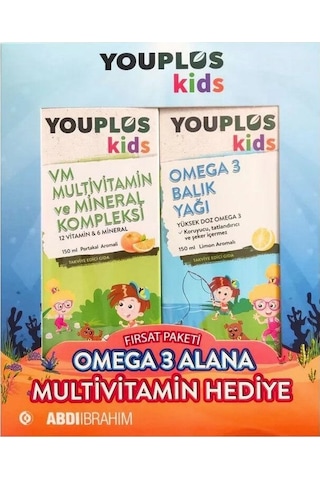 Youplus Kids Omega 3 Balık Yağı 150 Ml + Kids Vm 150 Ml - Omega 3 Alana Multivitamin Hediye Etiketli