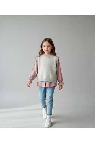 Kalp Desenli Yelekli Üçlü Takım Kız Çocuk Pembe