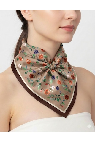 Tarzını Seç Kahverengi Gül Fular / Bandana / Aksesuar 48x48 Cm