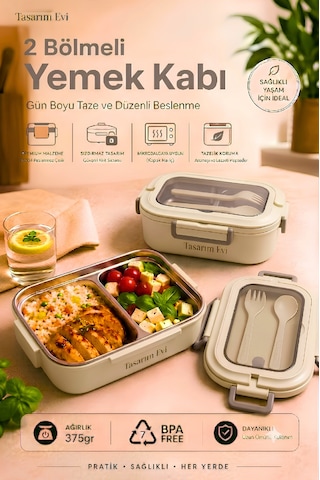 2 Bölmeli Paslanmaz Çelik Yemek Kabı Sızdırmaz Kapaklı, Taşınabilir Beslenme Kabı Krem