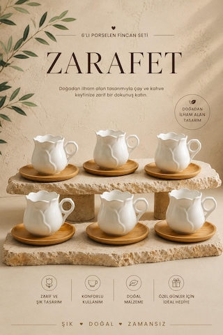 Rose 12 Parça 6 Kişilik Porselen Kahve Fincan Takımı 100 Ml Bambu Tabaklı Fincan Seti Beyaz