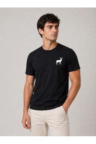 Wear Vexel Erkek Minimal Geyik Logolu Tişört Bisiklet Yaka Kısa Kol Yazlık T-shirt - Siyah Çok Renkli