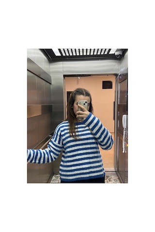 Youknitwear You Angora Çizgili Kazak Mavi