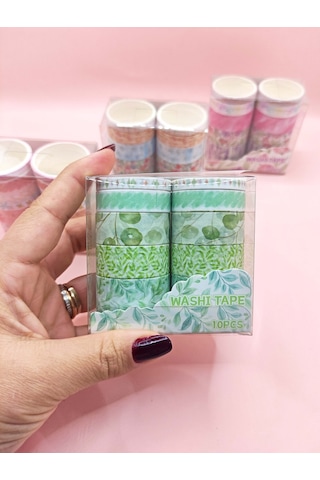 Vintage Washi Tape Bant Baskılı Yapışkanlı Maskeleme Kağıdı 45d Desenli Bant 10'lu - Yeşil Yapraklar 1