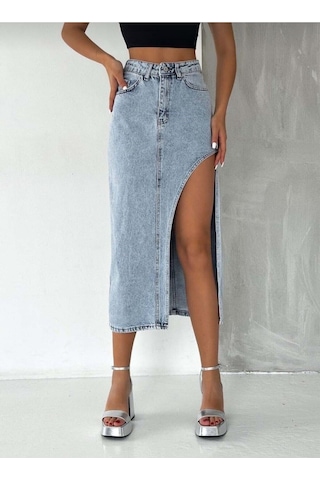 Pass&Pass 2094 Kadın Likrasız Yandan Yırtmaçlı Jeans Kot Denim Etek Beyaz