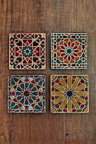 Geometrik Desen Baskılı Doğal Taş Bardak Altlığı 4'lü Set 10x10cm - Stone Coasters Çok Renkli