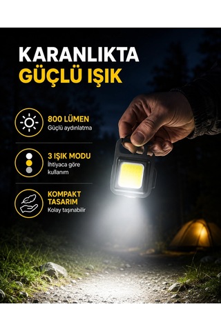 Şarjlı Cob Led Anahtarlık Fener 4 Modlu, Manyetik Ve Katlanabilir Standlı Yeni Nesil