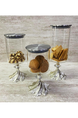 Ayaklı Dekoratif Cam Şekerlik Drajelik Kurabiyelik Sunumluk 3 Boy