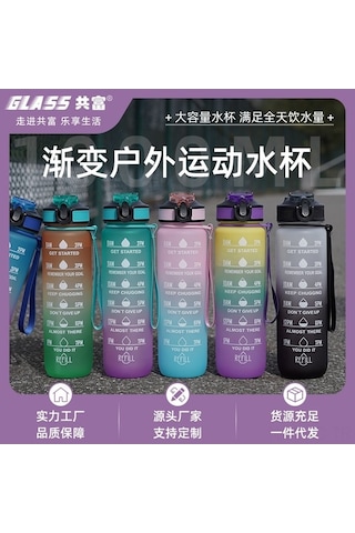 Novahub Çok Renkli Aşamalı Buzlu Bardak 1000ml Spor Pipetli Su Bardağı Zaman Ölçeği Mavi Mor, Maksimum Kapasite Çok Renkli