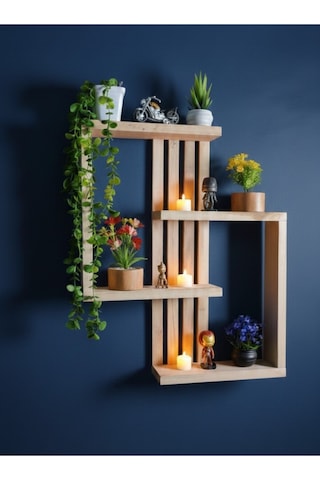 Delmeden Montaj Ahşap Duvar Rafı - 60x50 Cm Çift Taraflı Bant Uyumlu Modern Raf Bej