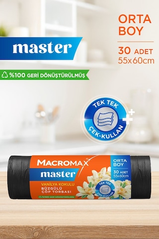 Master Büzgülü Çöp Torbası Orta Boy 55x60cm Vanilya Kokulu 30 Adet Süper Ekonomik Paket