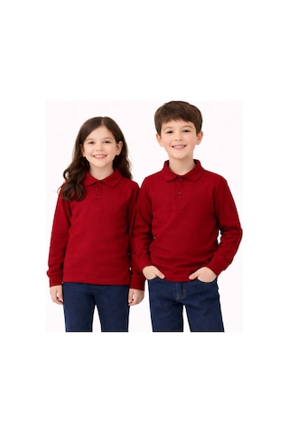 Store Okul Bordo Polo Yaka Uzunkol Tişört Kıyafetleri Üniforması Çocuk Genç Bordo
