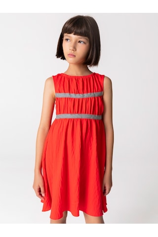 Sheshe Büzgülü Kırmızı Kolsuz Kız Çocuk Elbise Renkli