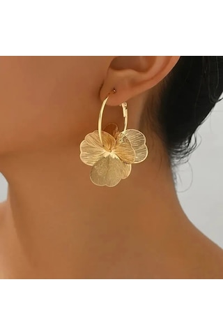 Altın Çift Katmanlı Hollow Çiçek Halka Küpe Kadınlar İçin Altın