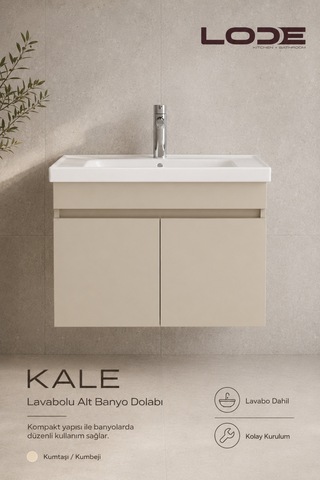 Lode Bath Kale Demonte Lavabolu Alt Banyo Dolabı, Seramik Lavabo Dahil 80 Cm Kumtaşı