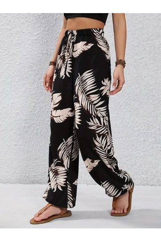 Gülsüm Aydın Kadın Yüksek Bel Bağcıklı Yaprak Desenli Süprem Pantolon Çok Renkli
