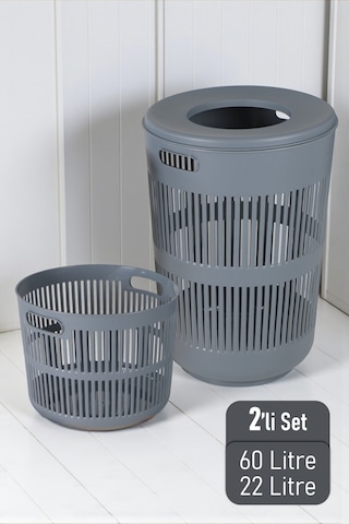 İronika Solara İkili Dekoratif Kirli Çamaşır Sepeti Seti Oyuncak Sepeti 60 - 22 Litre Gri Gri