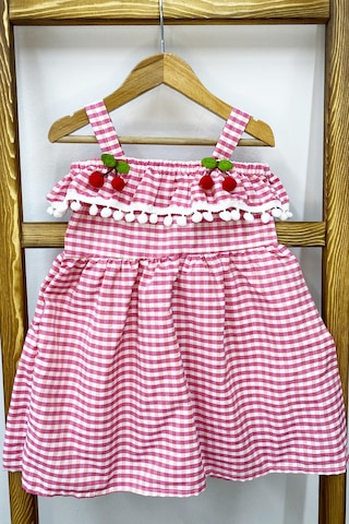 Kız Çocuk Askılı Elbise Dantelli Ekose Desenli B14 Pembe