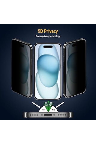 İphone 15 Serisi İle Uyumlu 5d Privacy Easyfit 2 Adet Kolay Uygulama Aparatlı Ekran Koruyucu Temperli Cam Hayalet Ekran