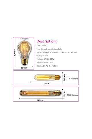 Retro Edison Ampul E27 110 V 40 W T10 T45 A19 St64 G80 G95 G125 Ampul Vintage Edison Ampul Akkor Lamba Filament Ampul Ev Dekor G125 Spiral