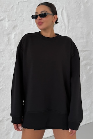 Kadın Siyah Bisiklet Yaka Yanı Yarım Fermuar Detaylı Sweatshirt Siyah