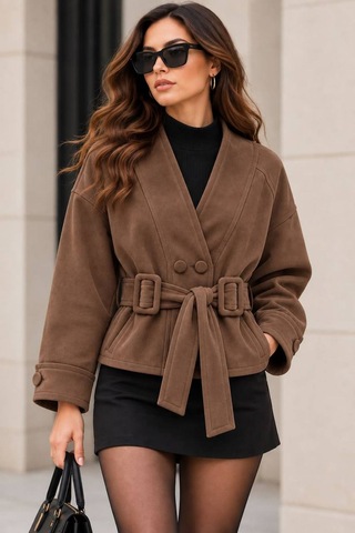 Neşeli Butik Kadın Kahverengi Süet Dokulu V Yaka Çift Düğmeli Tokalı Kuşaklı Oversize Ceket Nbk020