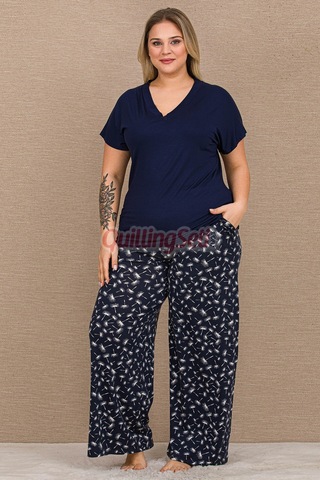 Lady Lacivert Renk, 11066 Pamuklu Büyük Beden Geniş Paça Anne Pijama Takımı Lacivert - Beyaz