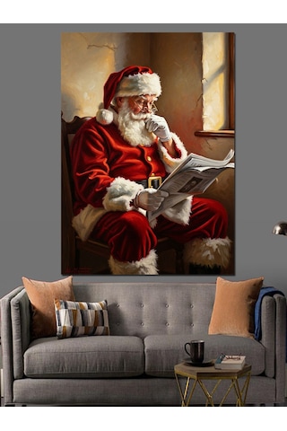 Gazete Okuyan Nostaljik Noel Baba Dekoratif Kanvas - Mdf Ahşap Tablo