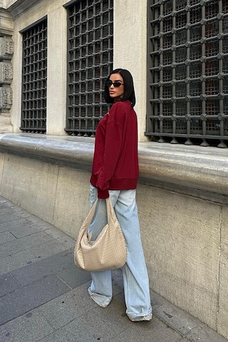 WeShaya Kadın Bordo Pamuklu Taşlı Oversize Sweatshirt Bordo