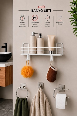 Sas Haus Banyo Düzenleyici Set 4 Parça Yapışkanlı Şampuanlık Tuvalet Kağıtlığı Havluluk Askı Tss-01 Beyaz