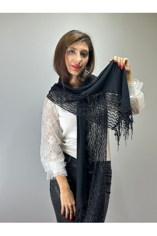 Gönülden Tasarım 170x45 Cm Siyah Triko Parlak Püsküllü Kadın Fular Şal Renkli