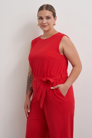 Pencere Detaylı Cepli Örme Tulum-6180 Kırmızı