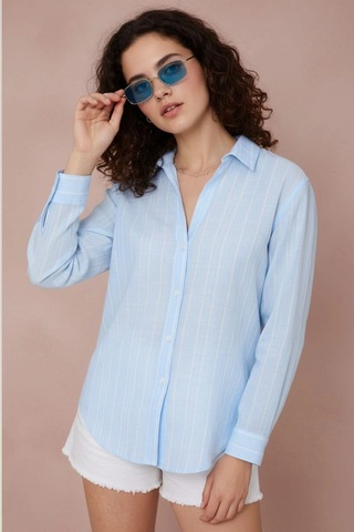 Rovebella Capri Çizgili Oversize Keten Gömlek Mavi