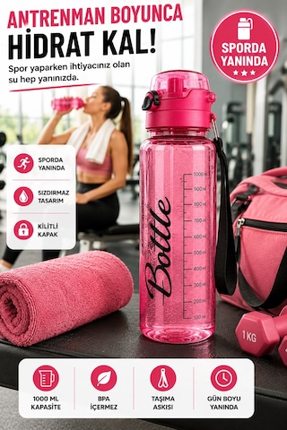 Pembe 1 Litre Suluk Matara Sızdırmaz Kilitli Kapaklı Bpa İçermez Okul Spor Su Şişesi 1000 Ml Askılı