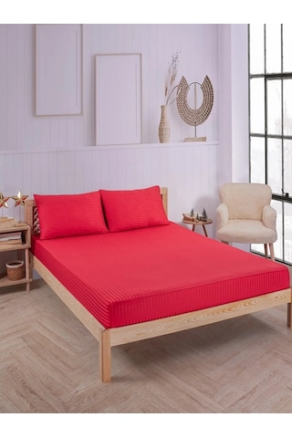 Kırmızı Pamuklu Çizgili Saten Lastikli Çarşaf Takımı Tek Kişilik + 1 Yastık Kılıfı Kırmızı