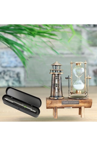 Kişiye Özel Tükenmez Kalem Ve Deniz Feneri Kum Saati Masa Seti Şık Hediye