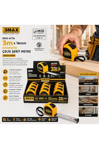 12 Adet 3mt X 16mm Otomatik Çelik Şerit Metre Stoplu 4741 0.004 M - 0.032 M