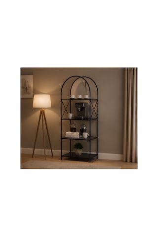 Familieconcept Metal Kitaplık Ve Dekoratif Raf 180x70 Cm Statik Boyalı Temperli Cam Siyah