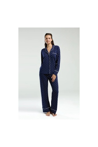 Pierre Cardin Boydan Düğmeli, Uzunkol Desenli Pijama Takım, Kutulu Çeyizlik Pijama Takım, %96 Viskon Lacivert