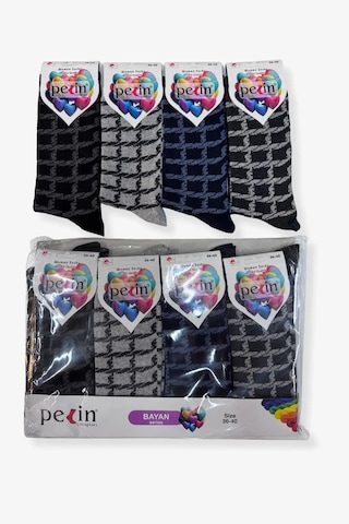 Pelin Bayan Çorap 36-40 Numara 12'li Paket - Desenli Pamuklu Soket Çorap Siyah, Gri, Lacivert