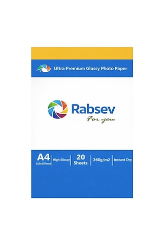 Rabsev Ultra Premium Parlak Fotoğraf Kağıdı, A4, 260g/m2, Hızlı Kuruyan, 20 Yaprak
