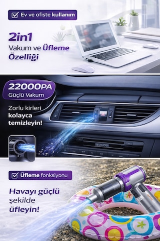 22000pa 2in1 Araç İçi Süpürge Üfleme Fonksiyonlu 15.000mah Şarjlı Kablosuz Mini Vakum