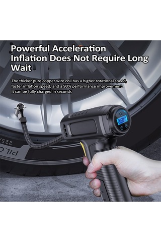 Wezone Araç Lastik Hava Pompa, Akıllı Dijital Ekranlı, Otomatik Durma, Led Işık, 4000mah Pil, 3 Fişli, El Tahliye, Ev Ve Araç Kullanıma Uygun, Siyah