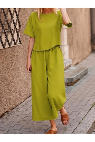 Valensdesign Kadın Kısa Kollu Kayık Yakalı Bluz Ve Pantolon Ikili Takım Yeşil