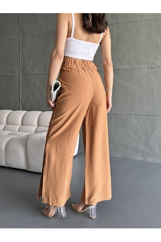 Eke Tekstil Kadın Camel Keten Paçaları Yırtmaçlı Pantolon-camel Camel