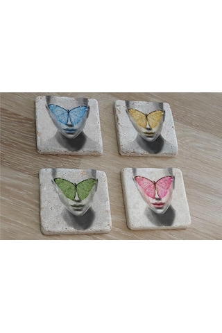 Kelebek Maskeli Kadın Doğal Taş Bardak Altlığı 4'lü Set Taş Çok Renkli