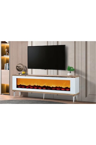 Bera Marmo - Gümüş Şömineli Sedef Tv Sehpası Beyaz - Gümüş