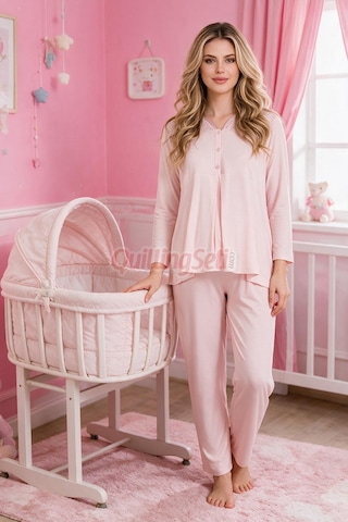 Lady Bebe Pembe Renkli Dantel Detaylı, 33201 Uzun Kol, 2 Parça Lohusa Hamile Pijama Takımı Açık Pembe